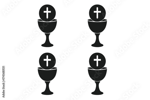 Black silhouette Christian communion wine cup chalice with host wafer and cross religious symbol isolated on white background, vector illustration set for faith and ritual design