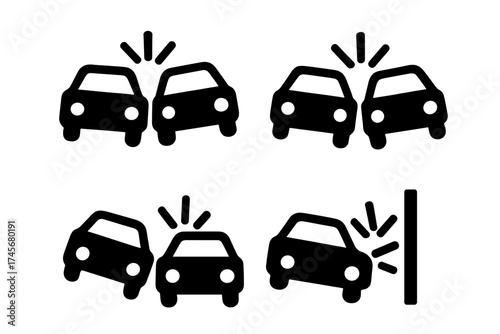 Set of black car crash icons on white background, simple vector illustrations showing frontal collisions, side impacts, and car hitting a wall, automotive accident symbols