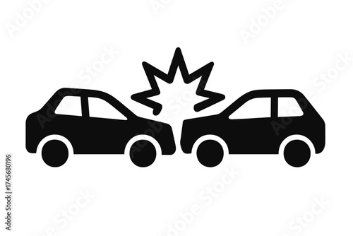 Car crash icon silhouette, simple black vector, front collision symbol on white background, transparent design for web, auto accident concept, vehicle crash illustration