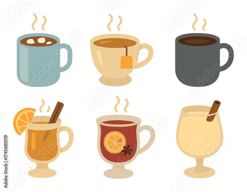 Assorted warm beverages: coffee, tea, and mulled drinks with steam