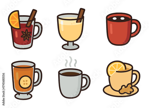 Assorted hot drinks with spices and citrus in colorful mugs