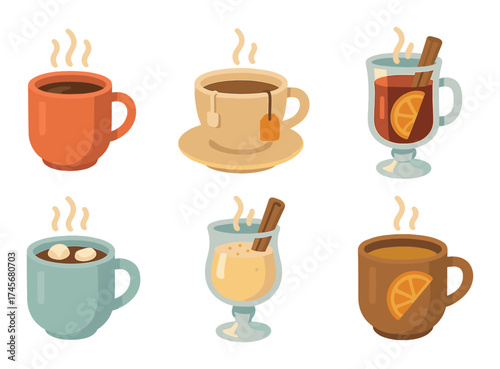 Colorful hot drinks collection featuring coffee, tea, and mulled cider with citrus and cinnamon