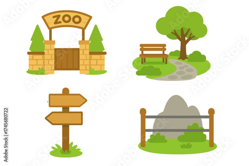 Zoo and park vector icon set. Collection includes zoo entrance gate, public park scene with bench, blank wooden directional signpost, and animal enclosure fence for safari park.