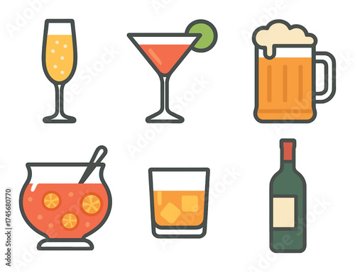 Assorted colorful cocktail and alcoholic beverage icons set