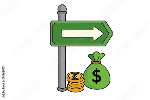 Financial direction concept with arrow sign pointing to money bag and coins. Business investment strategy for profit, wealth and success. Cartoon vector stock illustration.