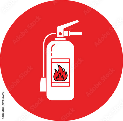 White fire extinguisher icon with red flame symbol on a red circle background safety emergency