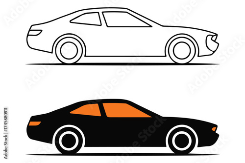 Sleek modern sports car silhouette top and side view isolated transportation silhouette