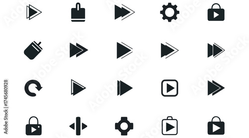 Vector art of collection of black and white icons featuring play buttons, shopping bag, gear, and refresh symbol