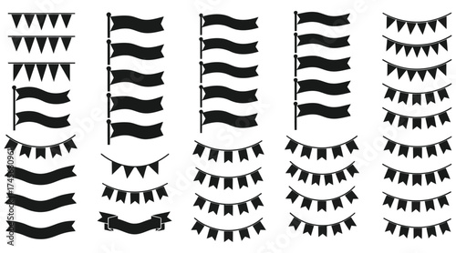 Vector art of collection of decorative flag and banner icons in a minimalist style, vector illustration