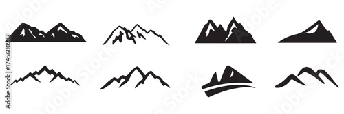Collection of diverse mountain peaks and landscapes in various styles isolated on transparent background