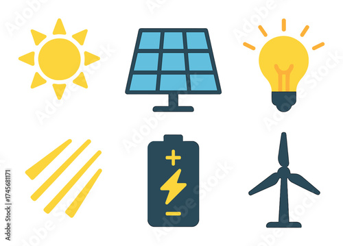 Renewable energy symbols: sun, solar panel, light bulb, battery, wind turbine