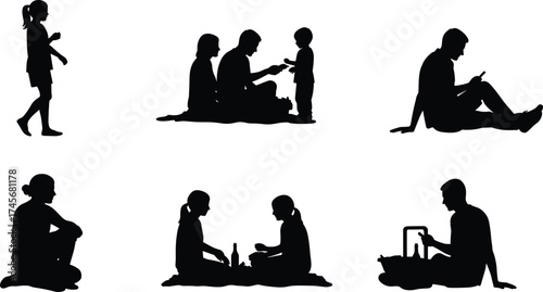 Silhouette family picnic, children playing, parents sitting, people relaxing outdoors, lifestyle leisure activity, community interaction, childhood moments, 