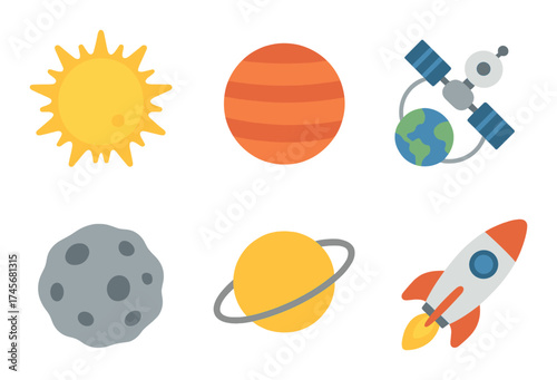 Colorful space exploration elements: sun, planet, satellite, earth, asteroid, rocket