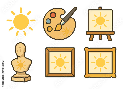 Artistic icon set featuring sun, easel, paint palette, sculpture, and frames on golden background