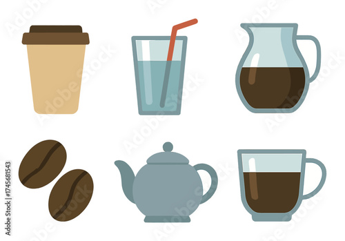 Assorted beverage icons display coffee water and tea in minimalist style