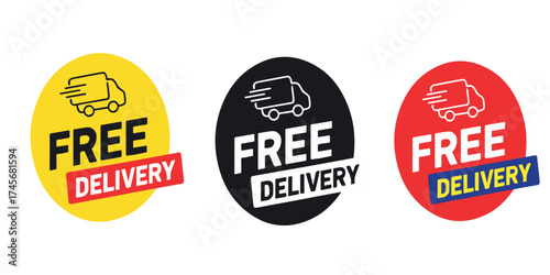 Graphic illustration of a free shipping or FREE DELIVERY offer with bold text and a prominent icon isolated on white background.