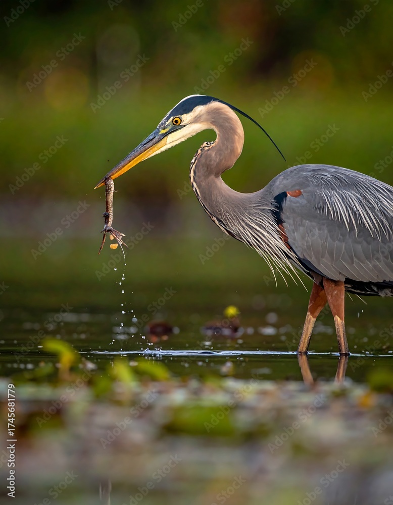 Fototapeta premium Heron wading in shallows, catching prey