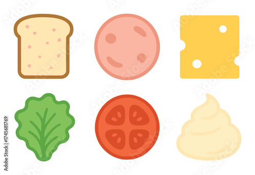 Colorful sandwich ingredients: bread, meat, cheese, lettuce, tomato, sauce icons