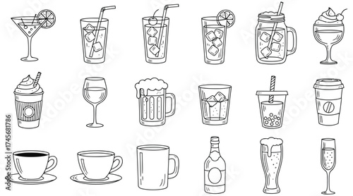Vector art of set of different drinks for menu design, cafe, bar, restaurant and party