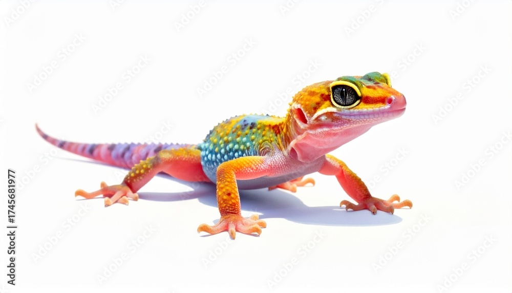 Fototapeta premium Colorful Gecko on White Background: A Vibrant Reptilian Portrait.