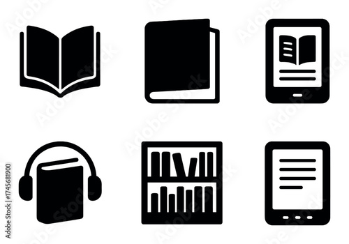 Digital and traditional book icons set displaying reading and audio formats
