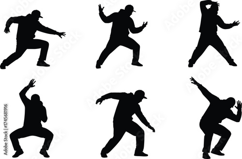 Silhouette hip hop dancer in dynamic street dance poses, energetic movement, urban choreography, modern performance art, expressive body motion illustration
