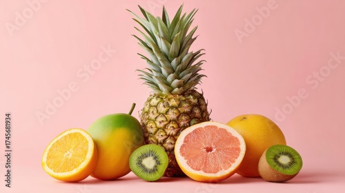 Ultra realistic photo of assorted tropical fruits such as pineapple, mango, kiwi, and orange neatly arranged on a pastel pink background, bold