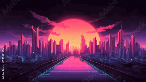 Neon Sunset Over a Futuristic Megacity