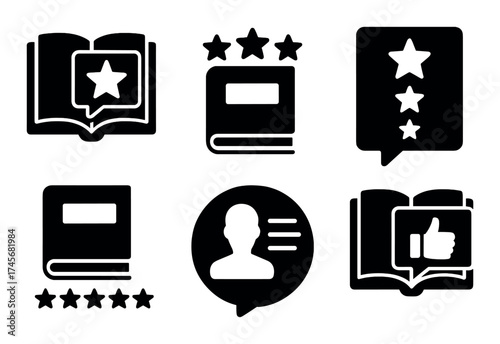 Book review and rating icons featuring open books, stars, and user profile