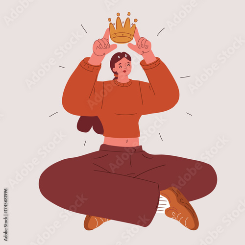 Cartoon vector illustration of a woman putting a crown on her head as a metaphor for self-respect, confidence, and inner strength