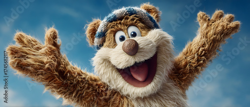 Happy Fluffy Bear Character with Open Arm in a Winter Hat against a Blue Sky