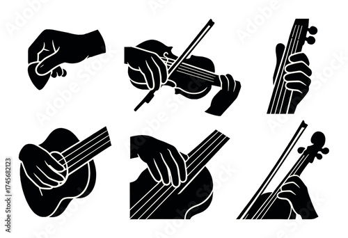 Silhouettes of hands playing string instruments on a green background