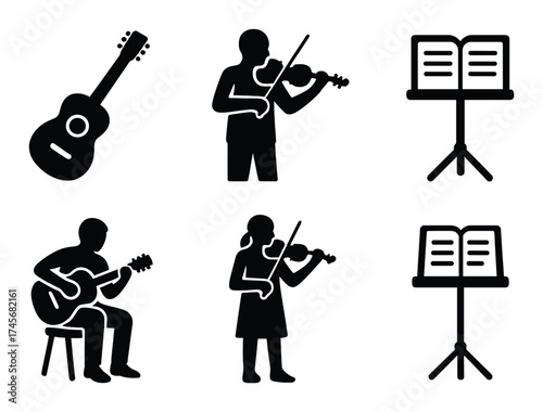 Silhouette musicians playing guitar and violin with music stands