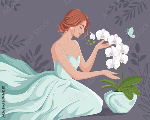 Elegant woman in a flowing dress admiring a blooming orchid with a butterfly