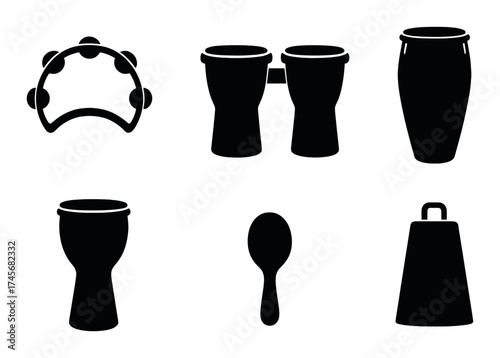 Silhouette of six percussion instruments with drum, tambourine, and cowbell