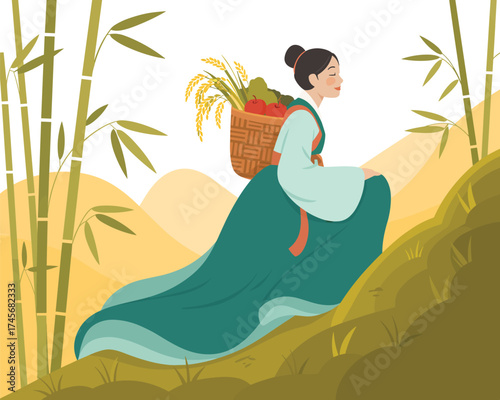 Woman carrying a basket of produce up a hill amidst bamboo