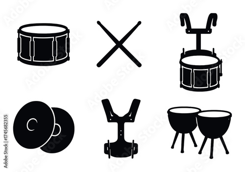 Silhouette of various percussion instruments on dark background