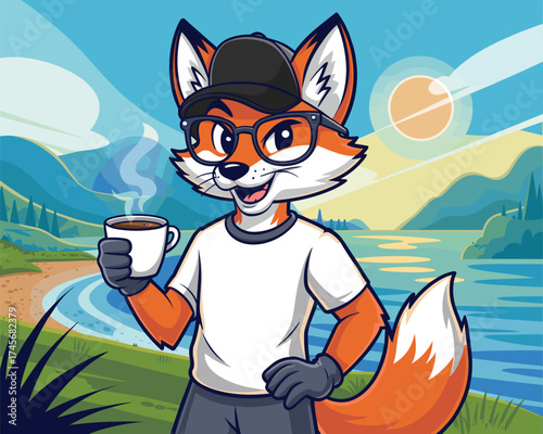 Charming Cartoon Fox Character Enjoying a Hot Beverage Outdoors
