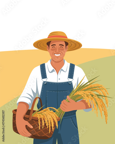 Happy farmer holding harvested rice in a basket with a straw hat