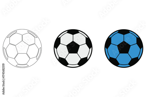 Three distinct soccer balls showing different stages of detail and color variations silhouette