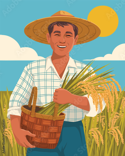 Farmer Harvesting Ripe Rice In A Field Under The Sun, Illustration