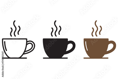 Set of three coffee cups with steam icons representing hot beverages and morning refreshment silhouette