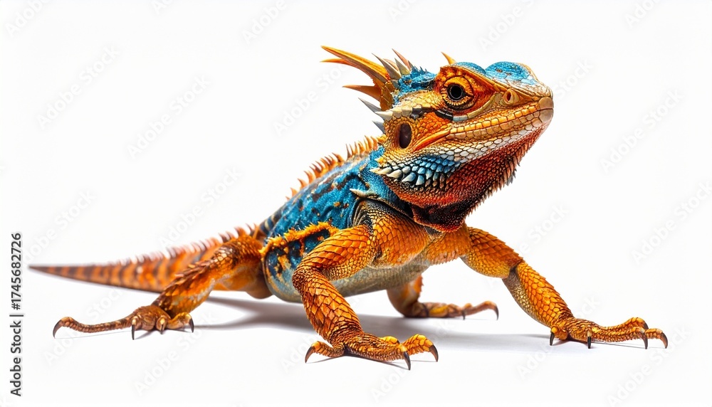 Obraz premium A brightly colored horned lizard creature walking forward isolated on a white background.