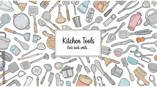 Vector art of hand drawn kitchen tools background, featuring various utensils and equipment for cooking and baking needs