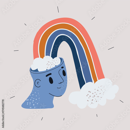 Cartoon vector illustration of a rainbow flowing out of a human head as a metaphor for imagination, creativity, and positive thinking