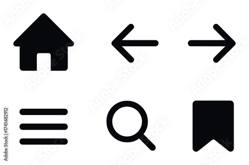 Dark mode ui icons: home, arrows, lines, search, bookmark on black background