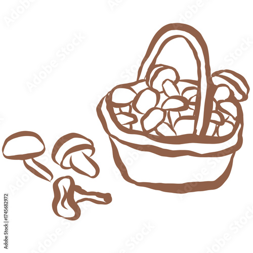 Line Art of Busket with Mushrooms Illustration. Hand-Drawn Doodle.