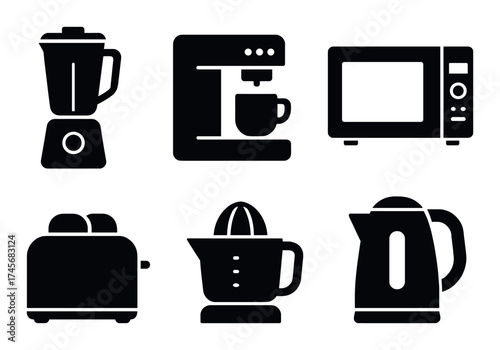Silhouettes of kitchen appliances: blender, coffee maker, microwave, toaster, juicer, kettle