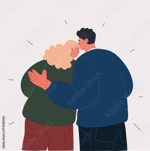 Cartoon vector illustration of a man and woman seen from behind, he kisses her head and gently embraces her as a metaphor for love, trust, and protection