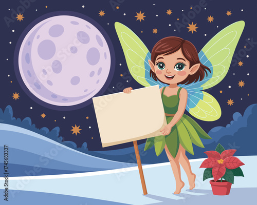 Charming fairy holding a blank sign in a whimsical winter wonderland setting